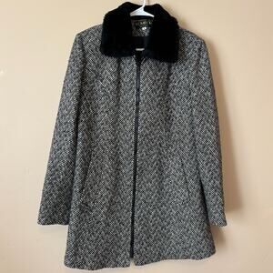 Vtg Komitor Coat Wool Blend Small Full Zip Long Faux Fur Collar Timeless